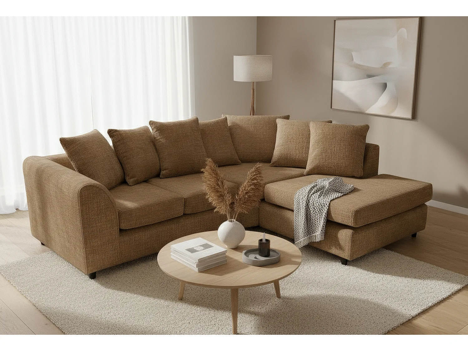 Jumbo Chenille Corner Sofa with Plush Chaise Extension Right Facing Brown