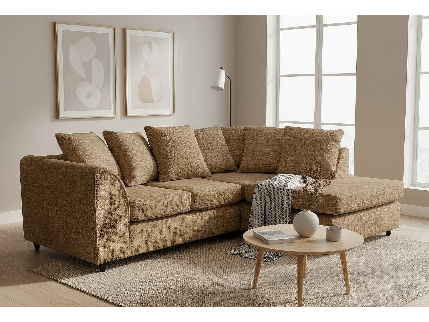 Jumbo Chenille Corner Sofa with Plush Chaise Extension Right Facing Brown