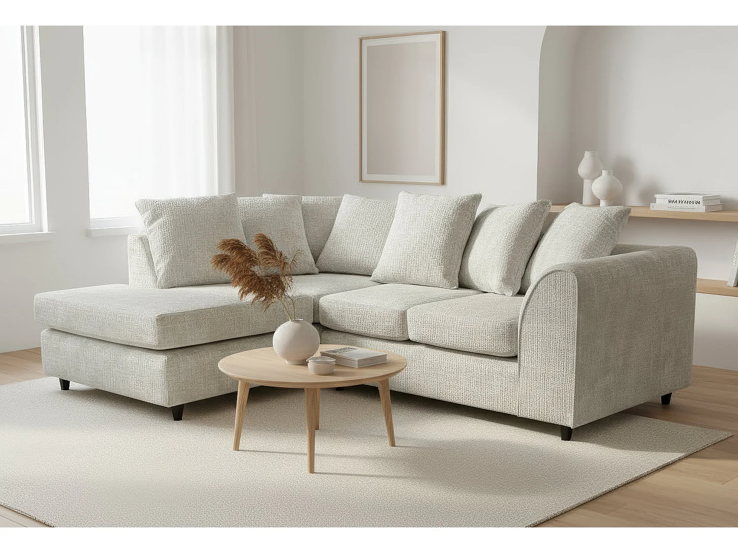 Jumbo Chenille Corner Sofa with Plush Chaise Extension Left Facing Stone Grey