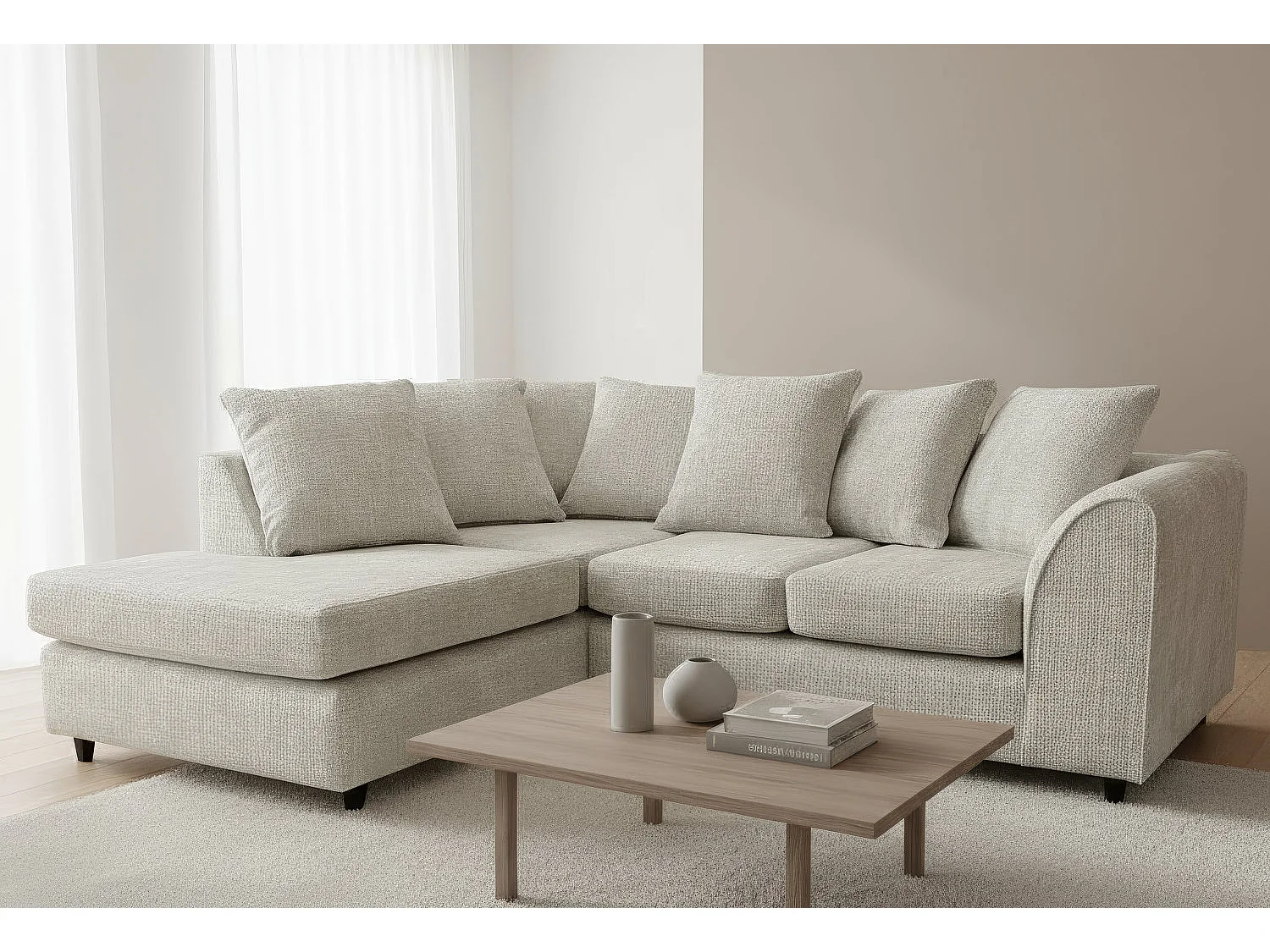 Jumbo Chenille Corner Sofa with Plush Chaise Extension Left Facing Stone Grey