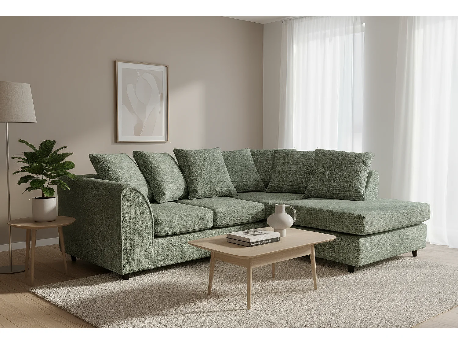 Jumbo Chenille Corner Sofa with Plush Chaise Extension Right Facing Rifle Green