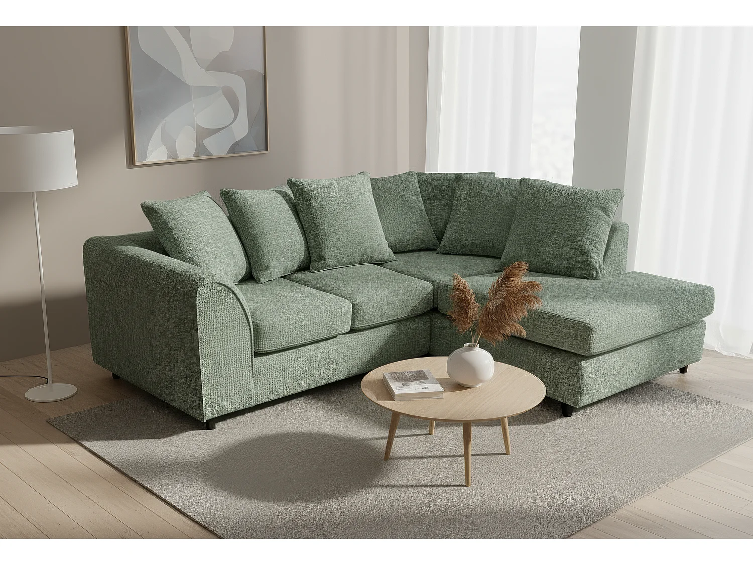 Jumbo Chenille Corner Sofa with Plush Chaise Extension Right Facing Rifle Green