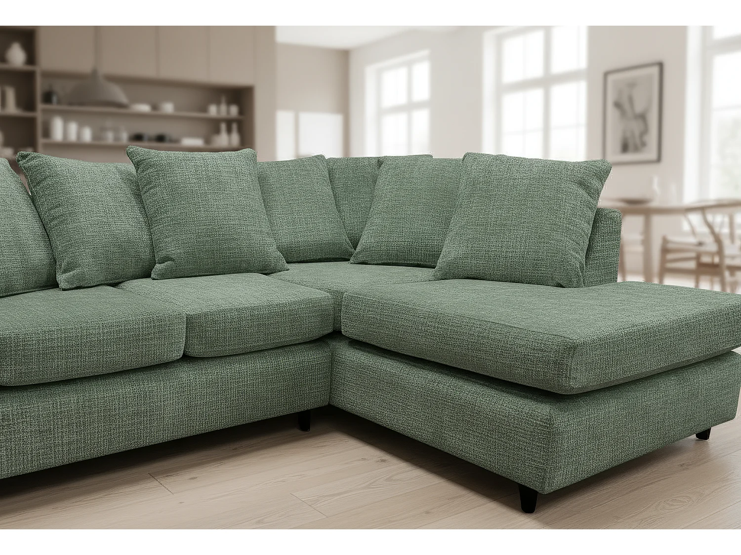 Jumbo Chenille Corner Sofa with Plush Chaise Extension Right Facing Rifle Green