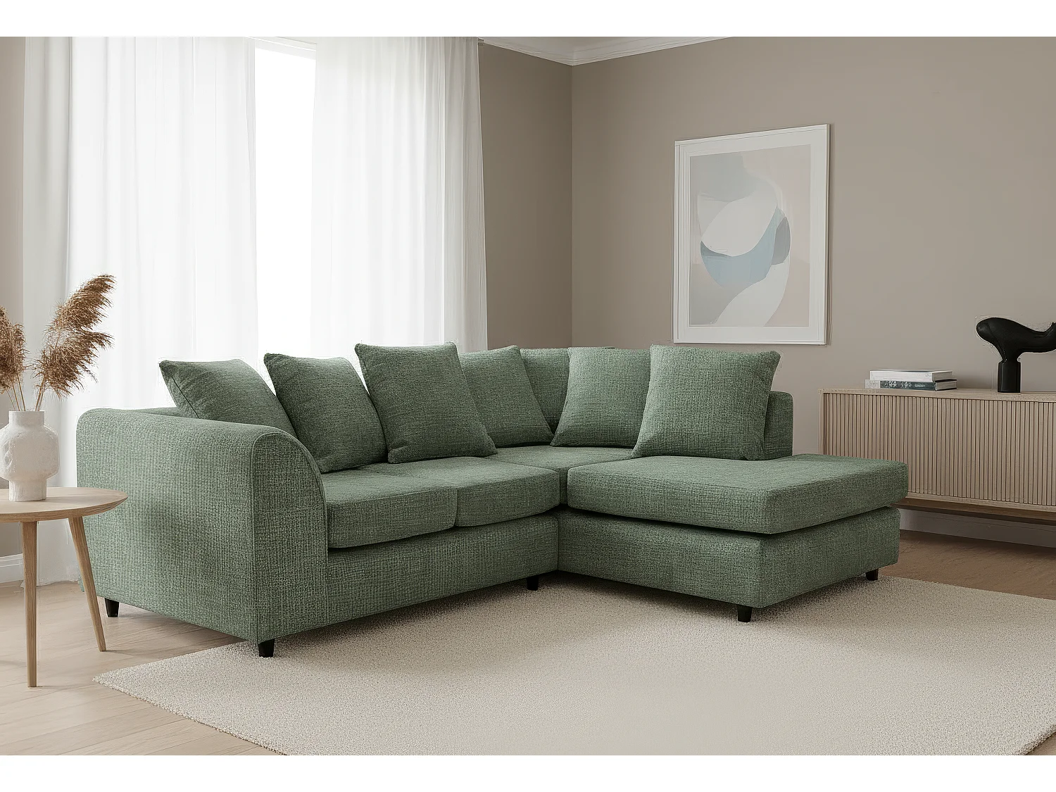 Jumbo Chenille Corner Sofa with Plush Chaise Extension Right Facing Rifle Green