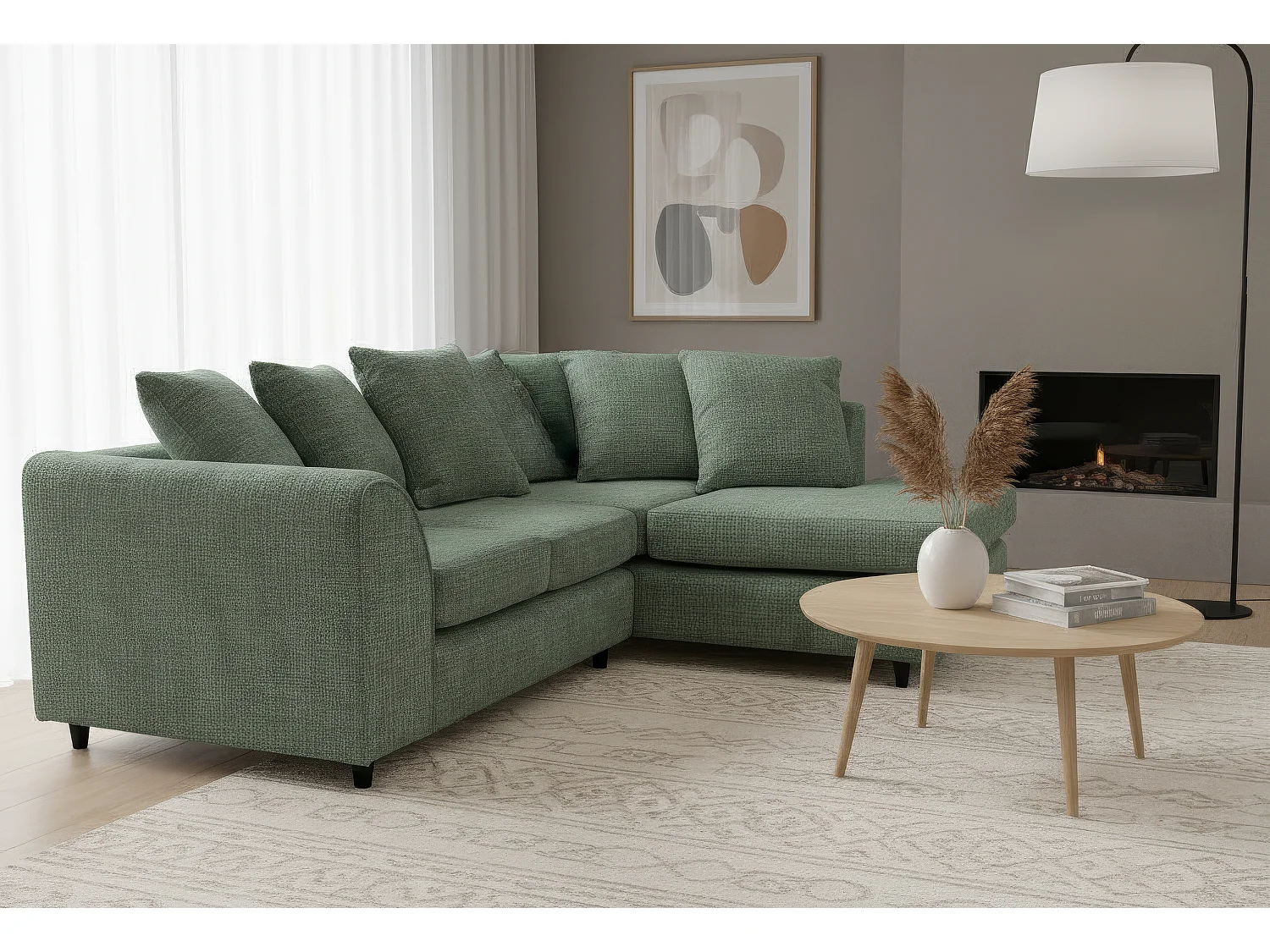 Jumbo Chenille Corner Sofa with Plush Chaise Extension Right Facing Rifle Green