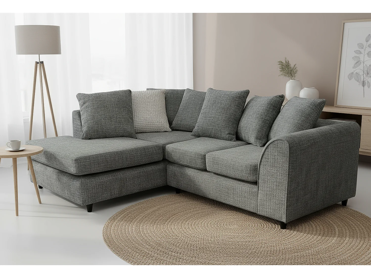 Jumbo Chenille Corner Sofa with Plush Chaise Extension Left Facing Charcoal