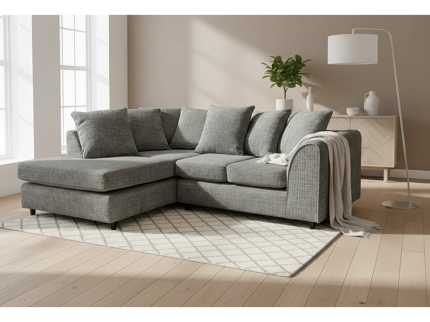 Jumbo Chenille Corner Sofa with Plush Chaise Extension Left Facing Charcoal