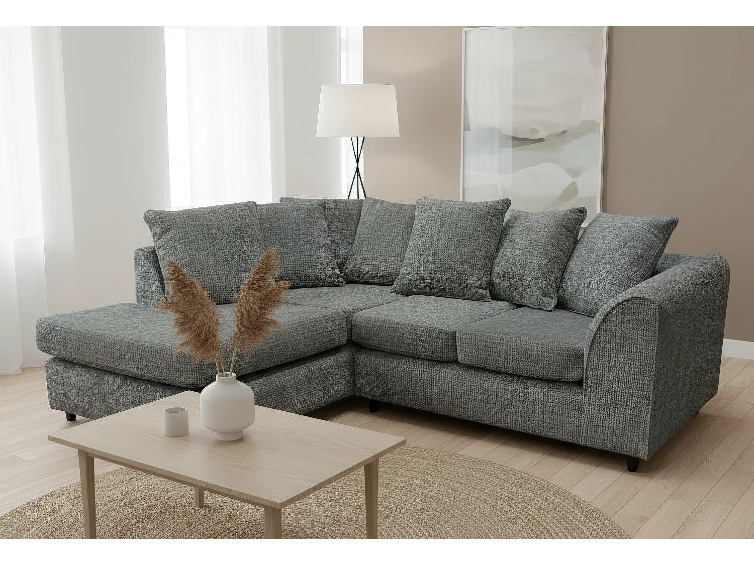 Jumbo Chenille Corner Sofa with Plush Chaise Extension Left Facing Charcoal