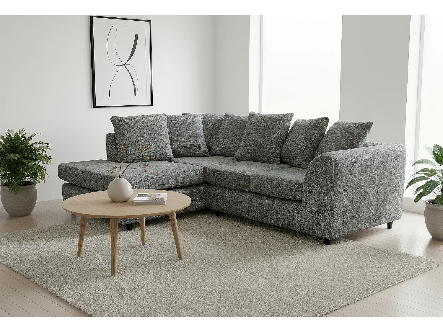 Jumbo Chenille Corner Sofa with Plush Chaise Extension Left Facing Charcoal