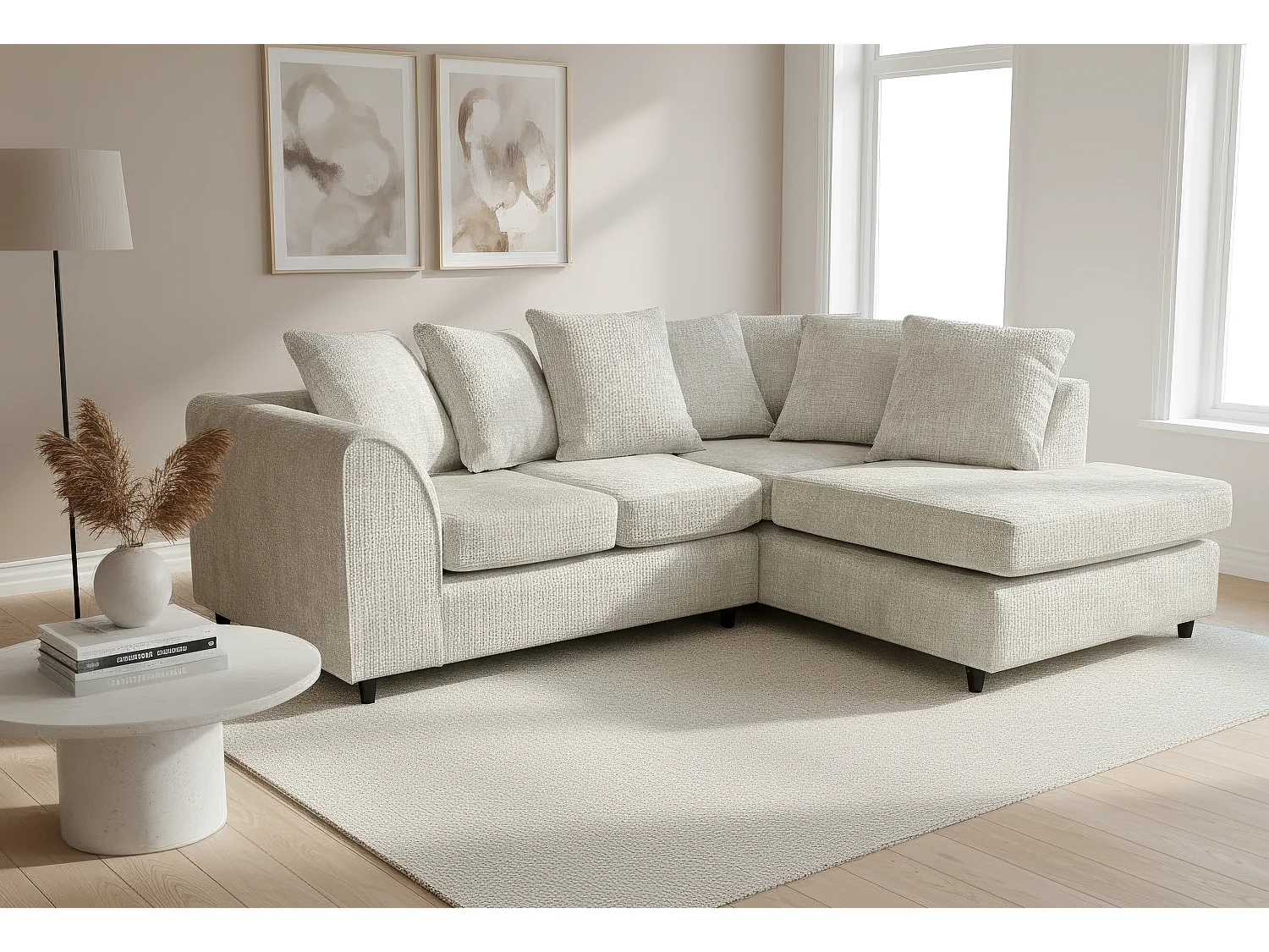 Jumbo Chenille Corner Sofa with Plush Chaise Extension Right Facing Cream