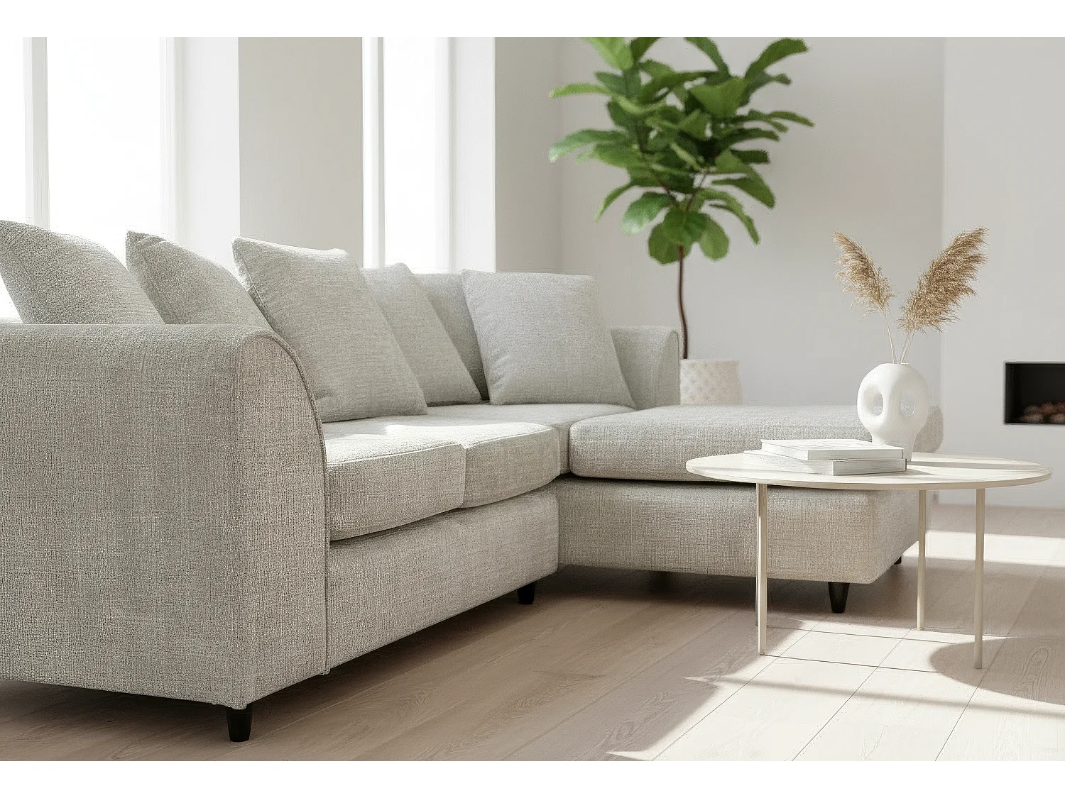 Jumbo Chenille Corner Sofa with Plush Chaise Extension Right Facing Cream