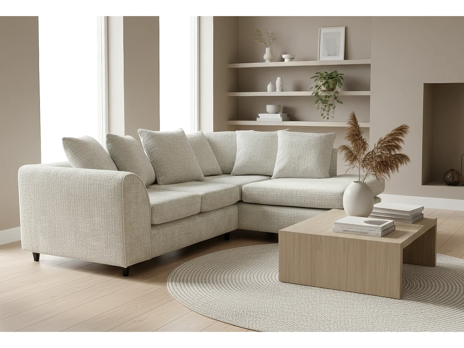 Jumbo Chenille Corner Sofa with Plush Chaise Extension Right Facing Cream