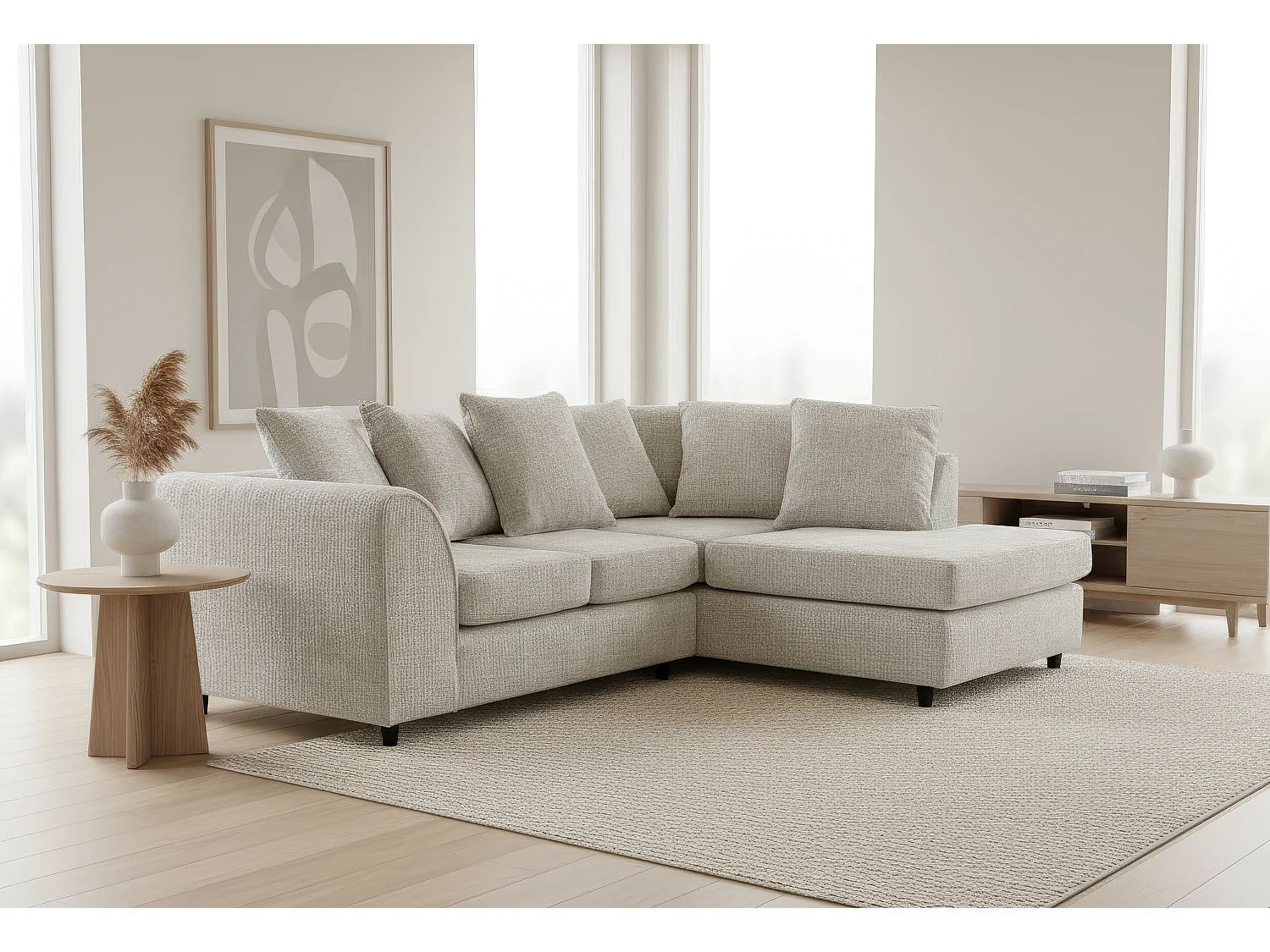 Jumbo Chenille Corner Sofa with Plush Chaise Extension Right Facing Cream