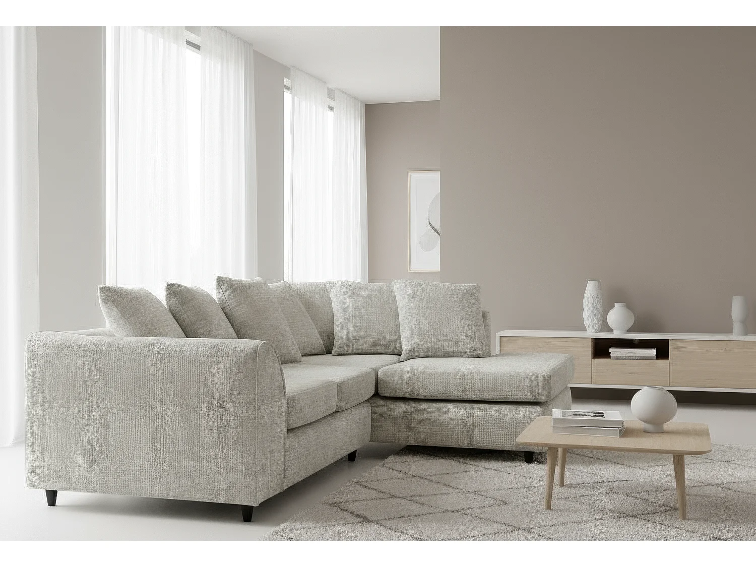 Jumbo Chenille Corner Sofa with Plush Chaise Extension Right Facing Cream