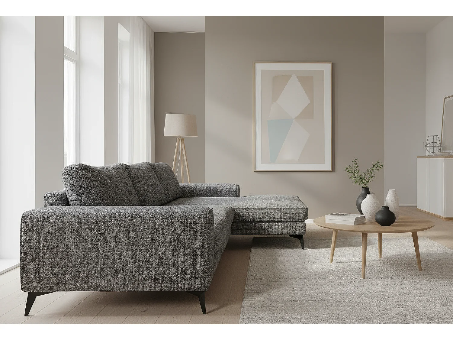 Venice Chenille Corner Sofa with Deep Seats and Extra-wide Padded Arms Right Facing Dark Grey