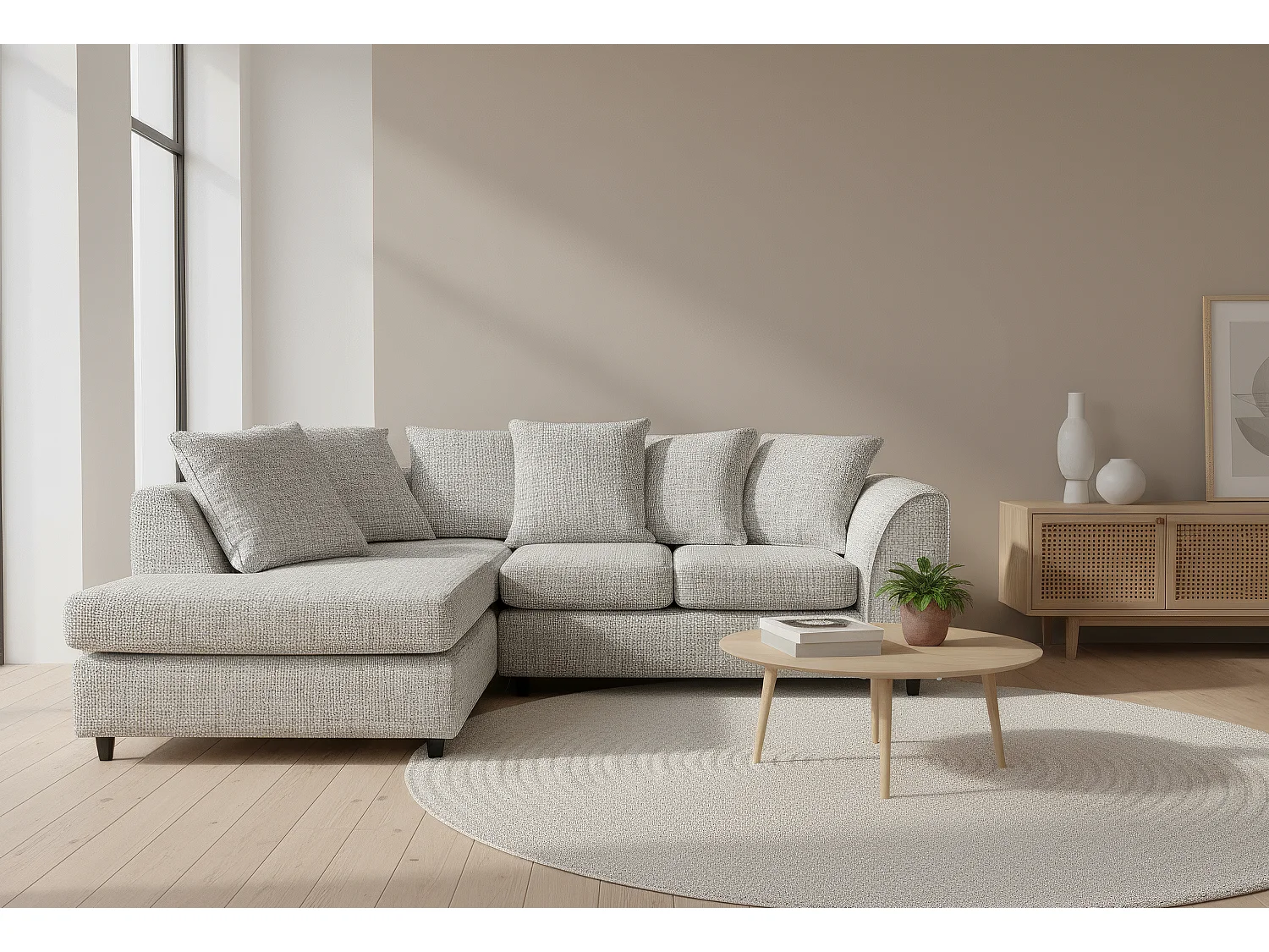 Jumbo Chenille Corner Sofa with Plush Chaise Extension Left Facing Light Grey