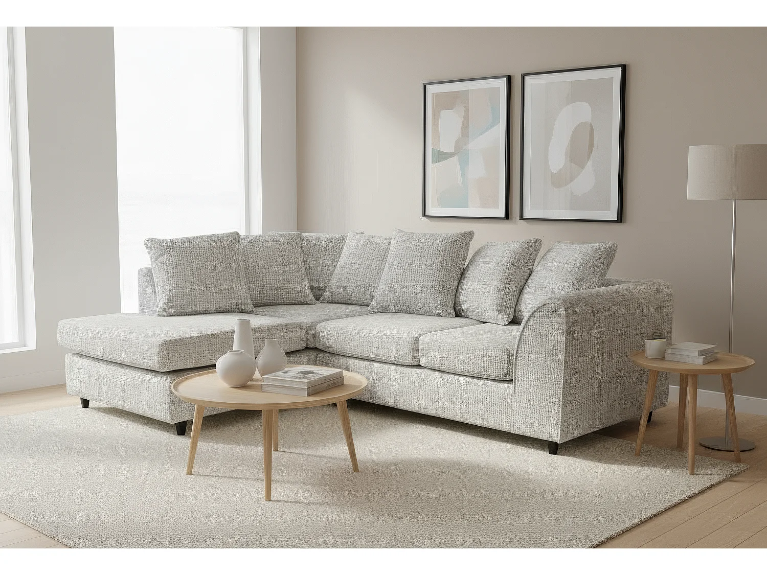 Jumbo Chenille Corner Sofa with Plush Chaise Extension Left Facing Light Grey