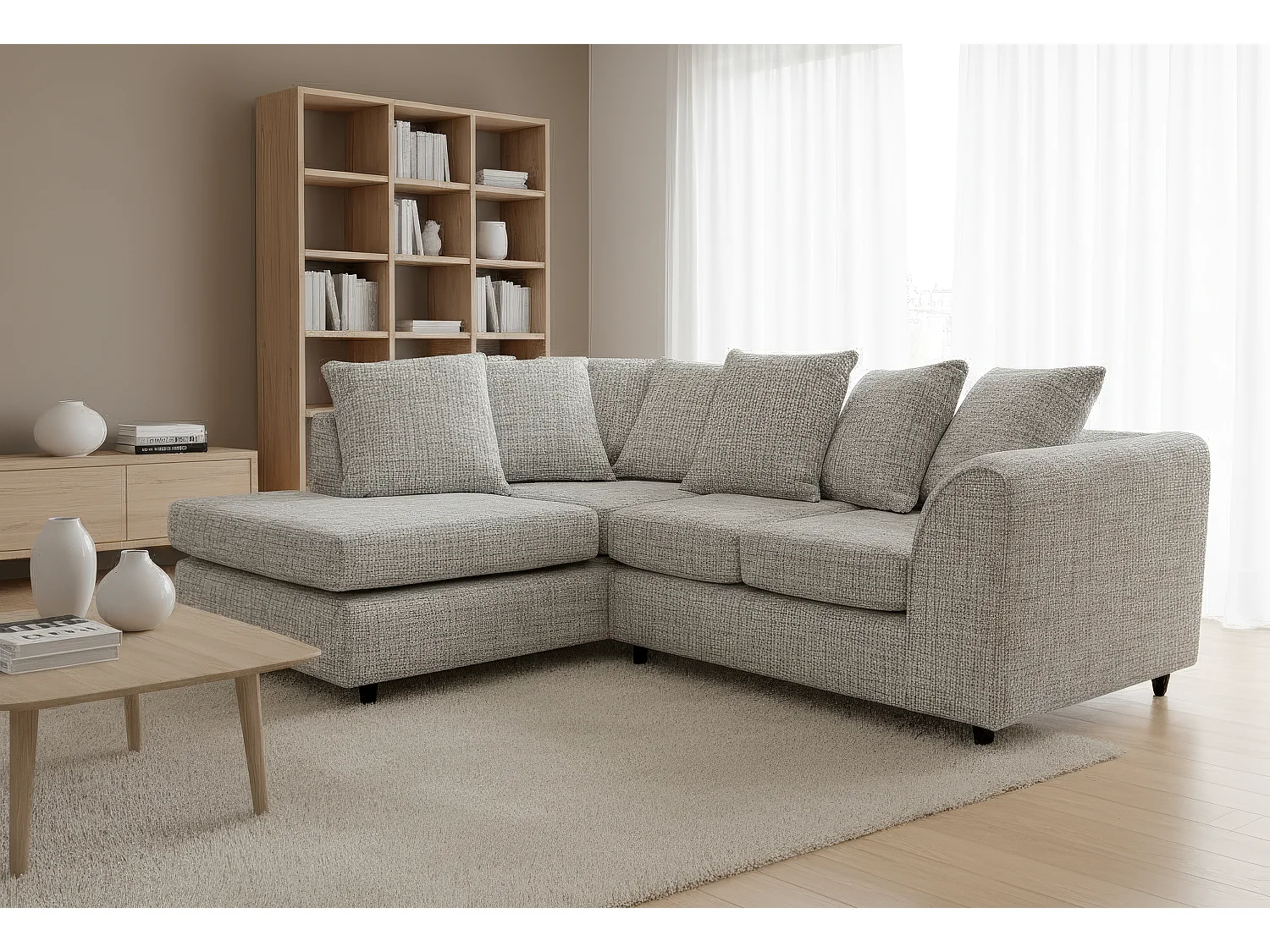 Jumbo Chenille Corner Sofa with Plush Chaise Extension Left Facing Light Grey