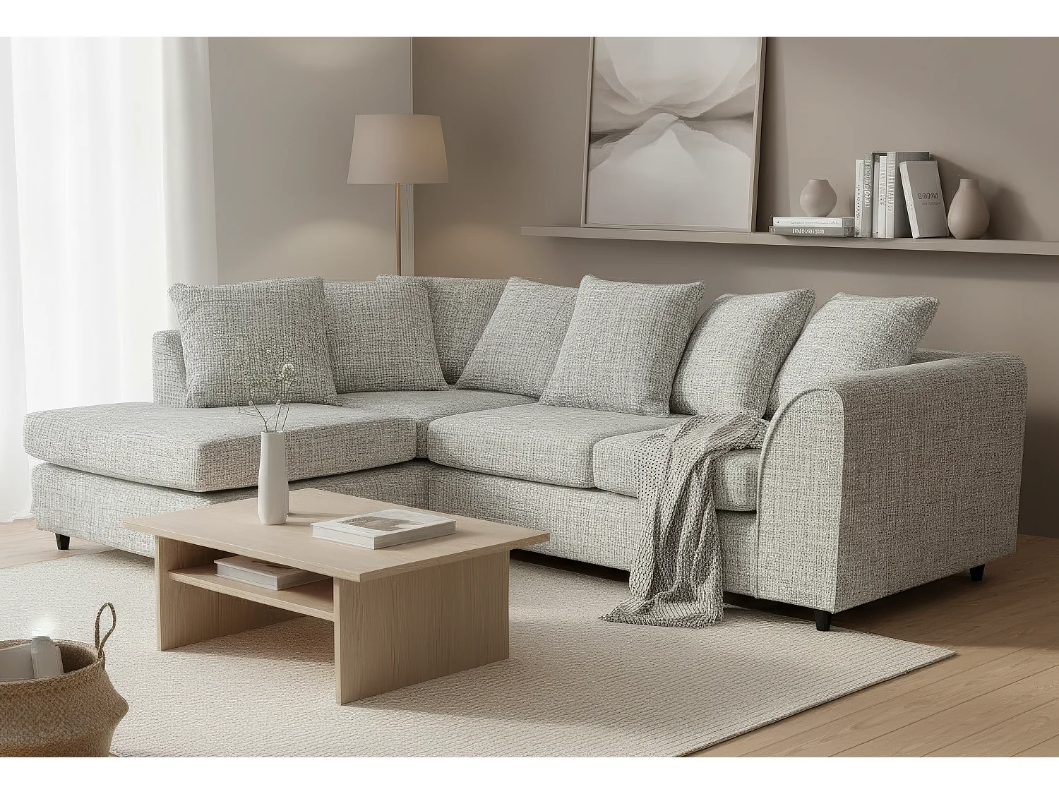 Jumbo Chenille Corner Sofa with Plush Chaise Extension Left Facing Light Grey