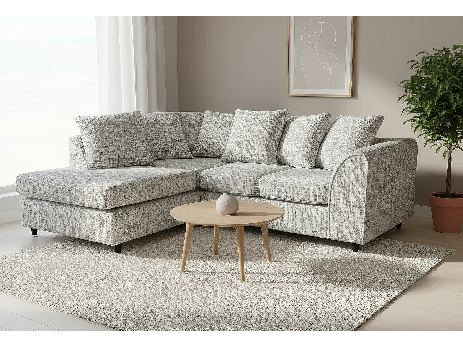 Jumbo Chenille Corner Sofa with Plush Chaise Extension Left Facing Light Grey