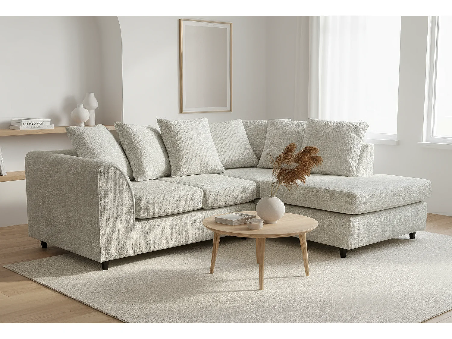 Jumbo Chenille Corner Sofa with Plush Chaise Extension Right Facing Stone Grey