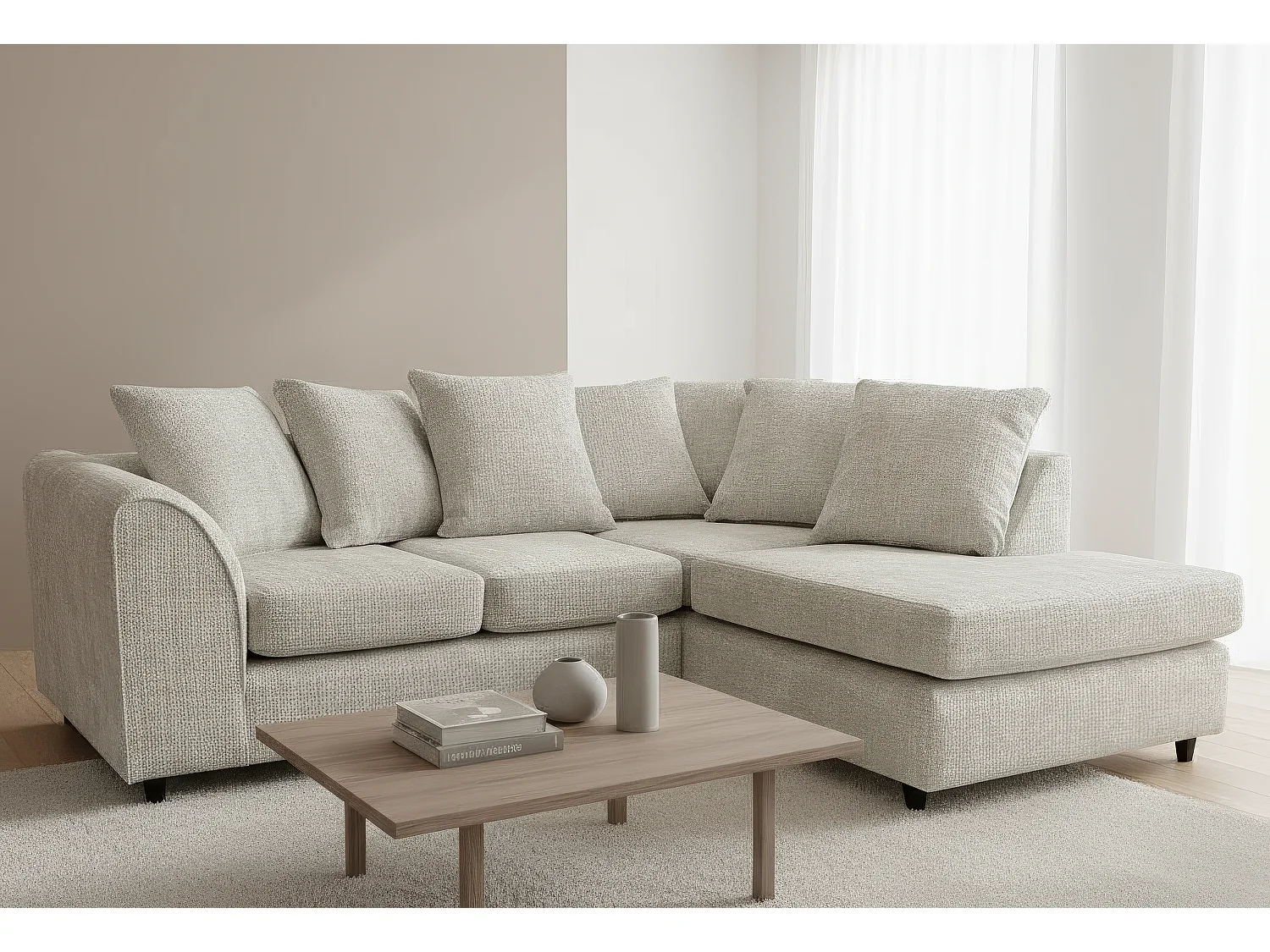 Jumbo Chenille Corner Sofa with Plush Chaise Extension Right Facing Stone Grey