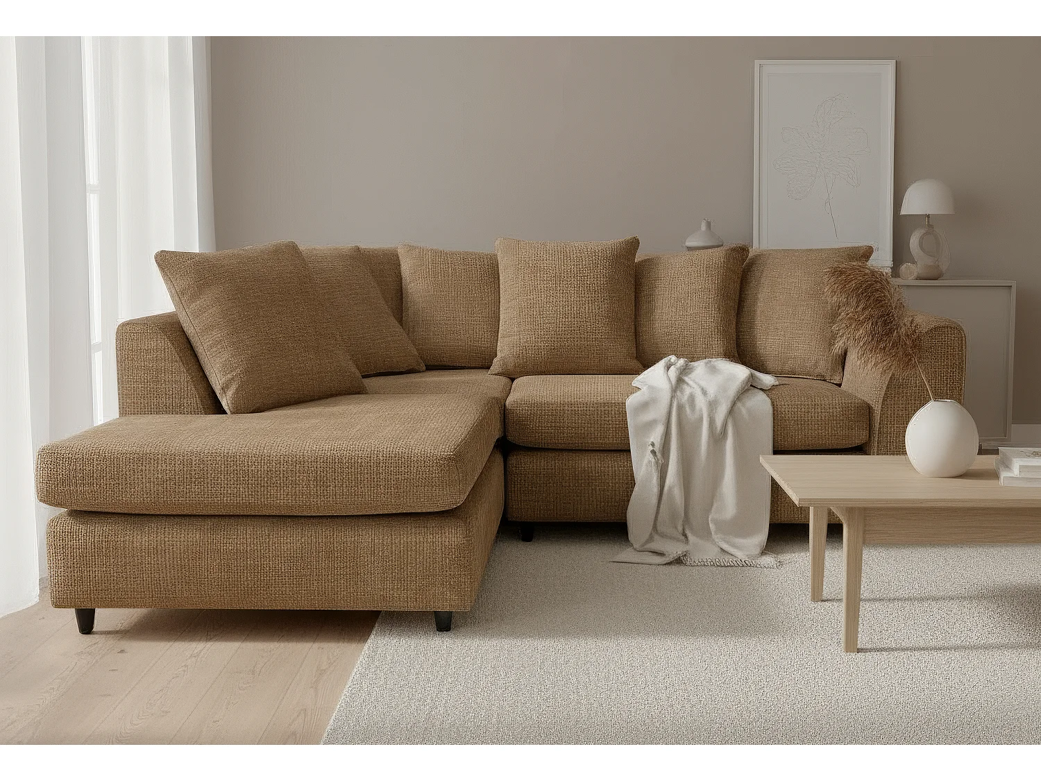 Jumbo Chenille Corner Sofa with Plush Chaise Extension Left Facing Brown