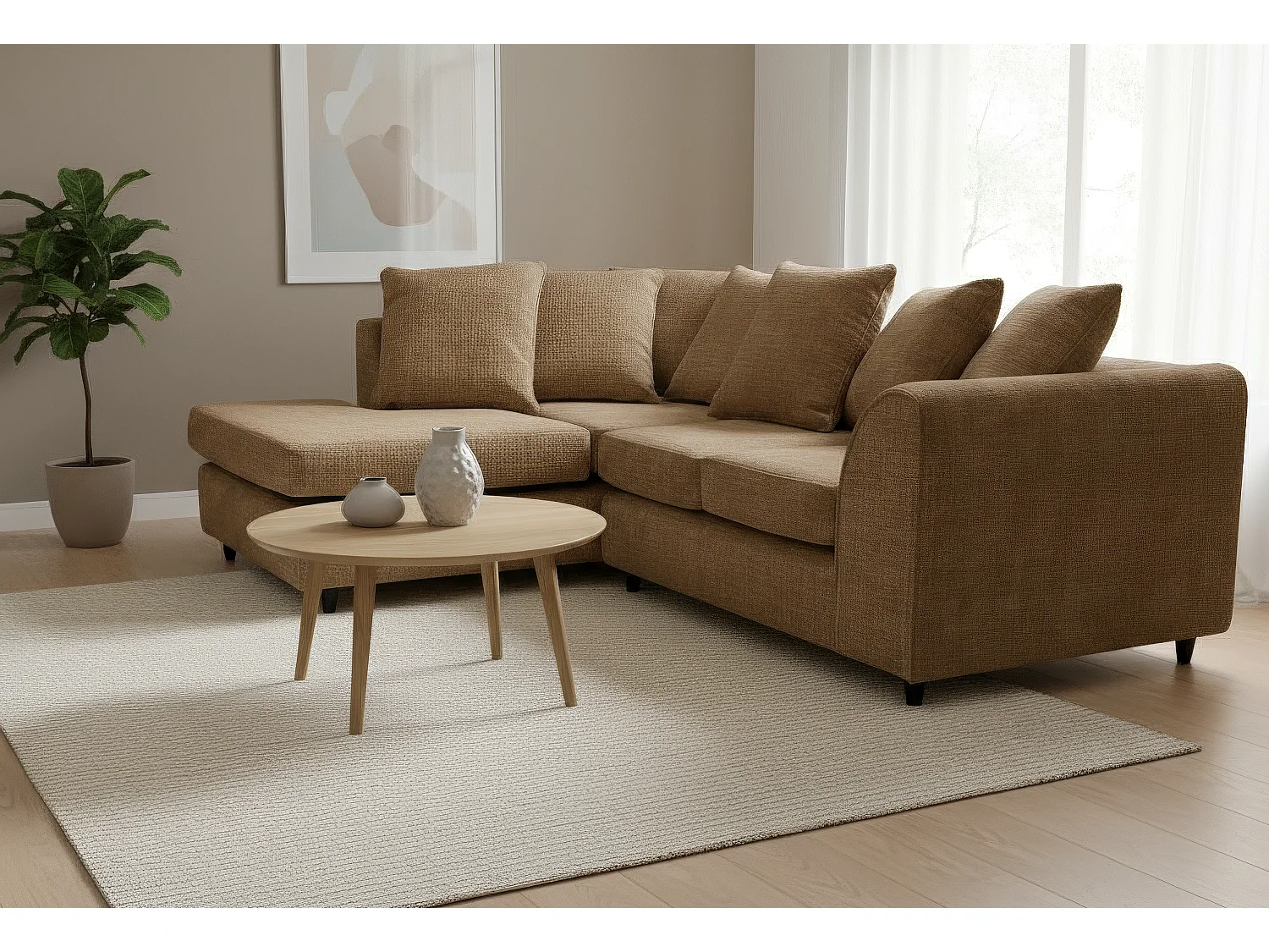 Jumbo Chenille Corner Sofa with Plush Chaise Extension Left Facing Brown