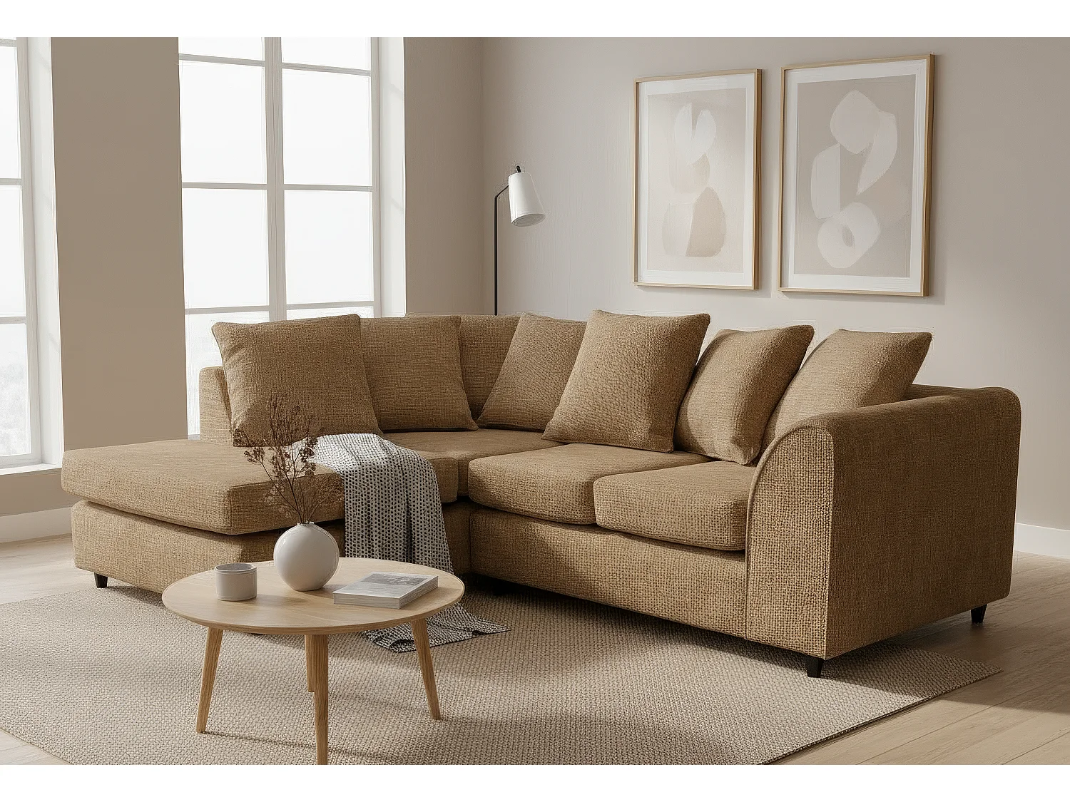 Jumbo Chenille Corner Sofa with Plush Chaise Extension Left Facing Brown