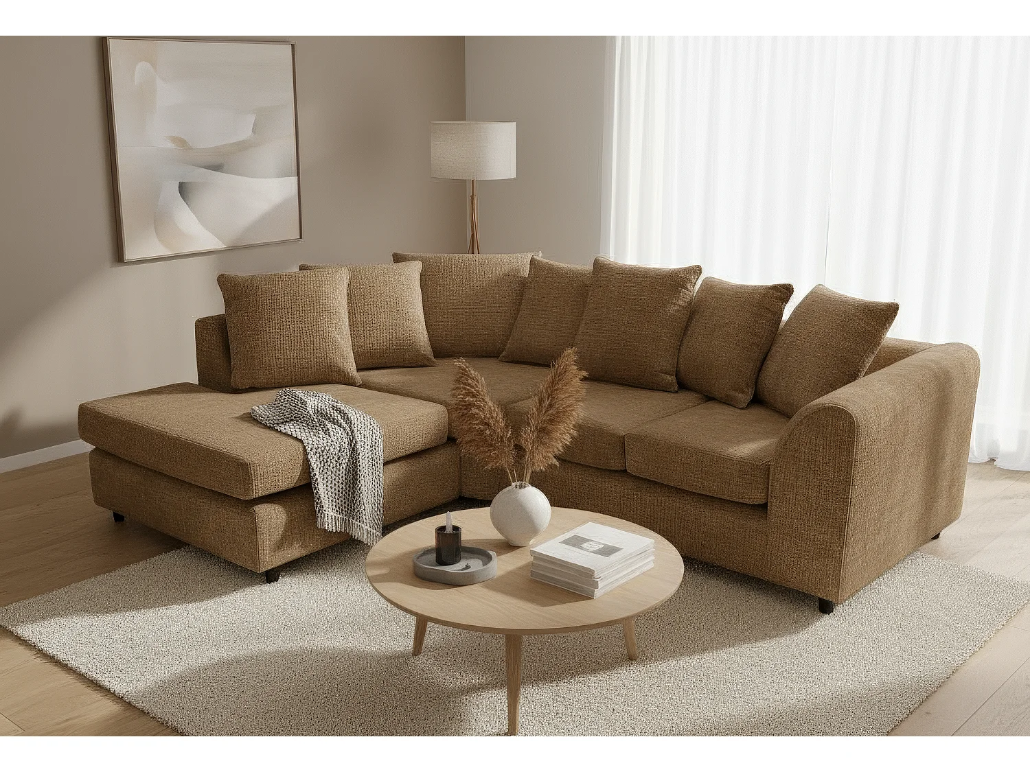 Jumbo Chenille Corner Sofa with Plush Chaise Extension Left Facing Brown