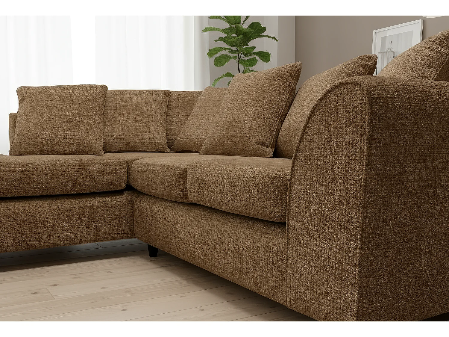 Jumbo Chenille Corner Sofa with Plush Chaise Extension Left Facing Brown