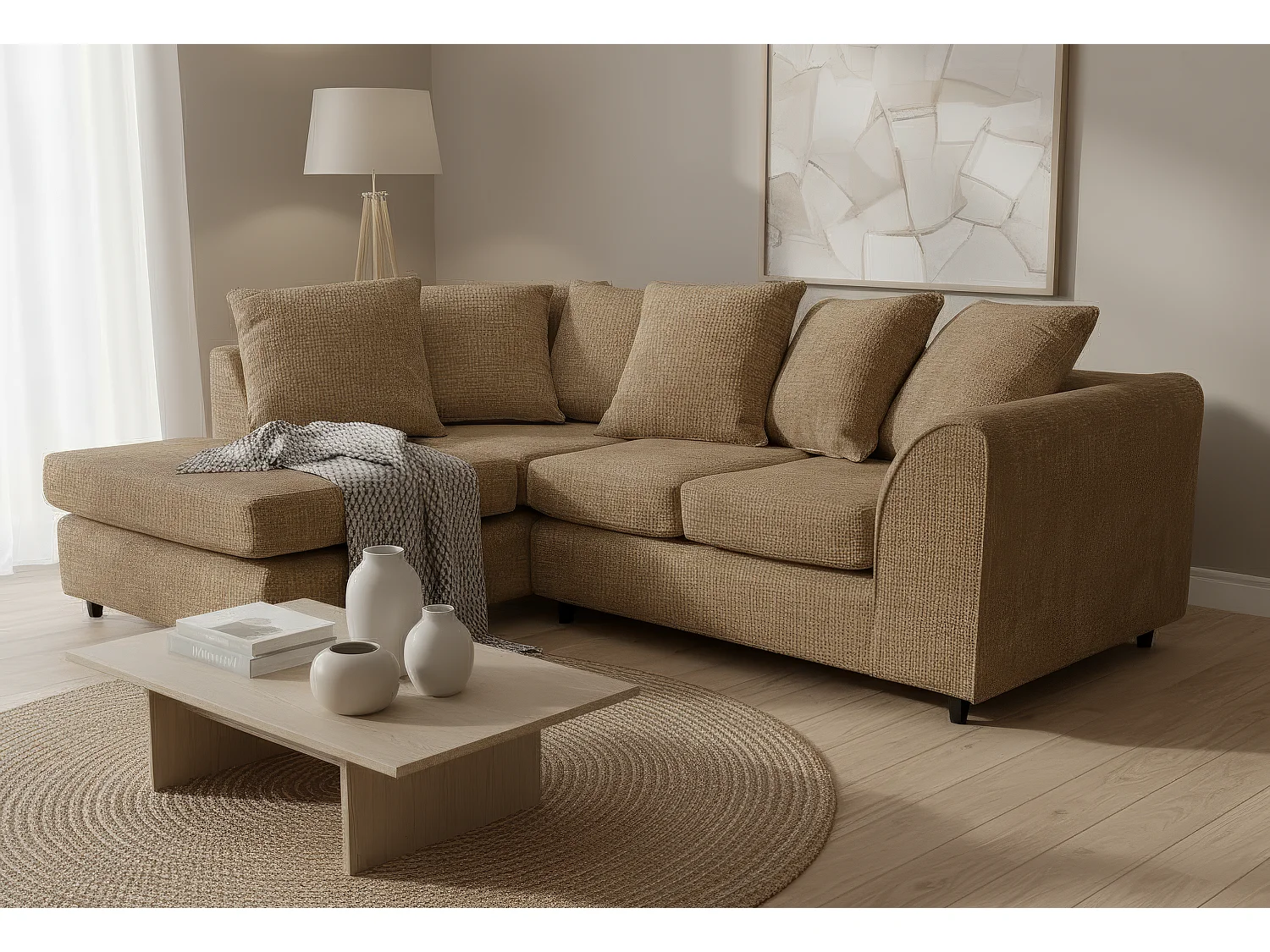 Jumbo Chenille Corner Sofa with Plush Chaise Extension Left Facing Brown