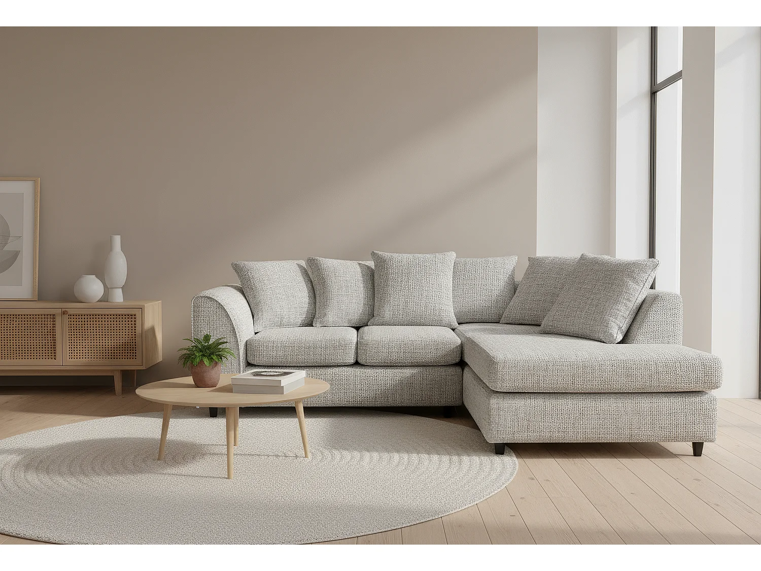 Jumbo Chenille Corner Sofa with Plush Chaise Extension Right Facing Light Grey