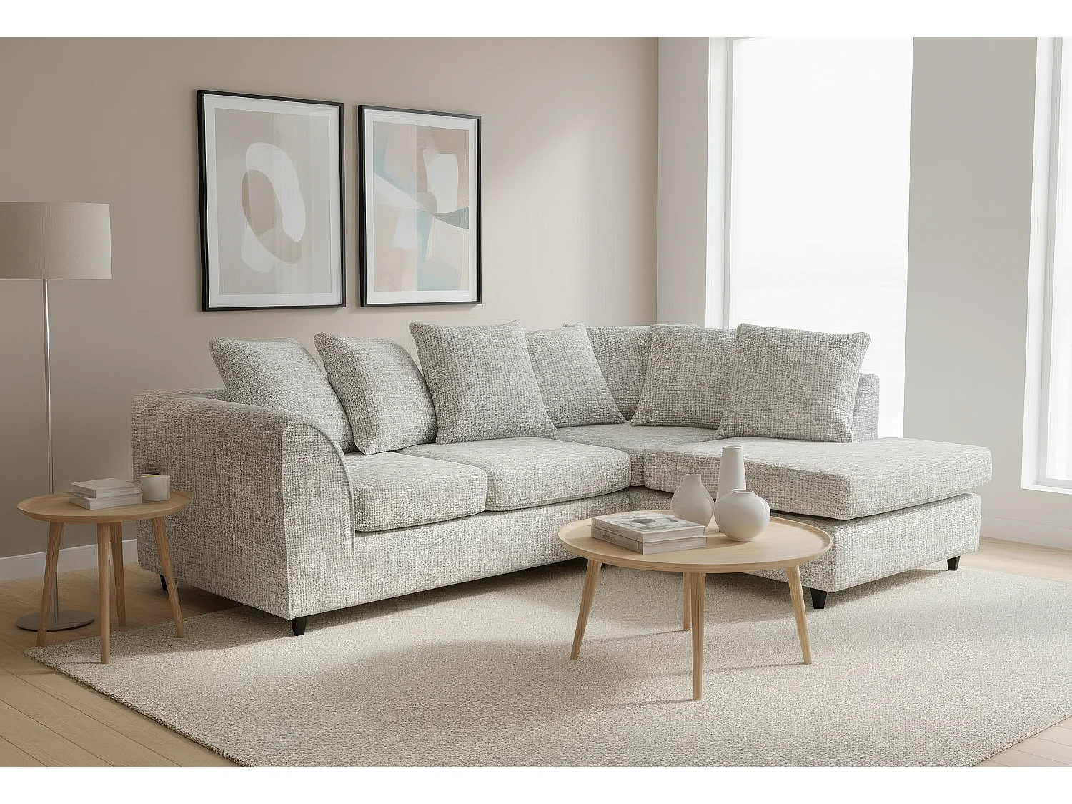 Jumbo Chenille Corner Sofa with Plush Chaise Extension Right Facing Light Grey