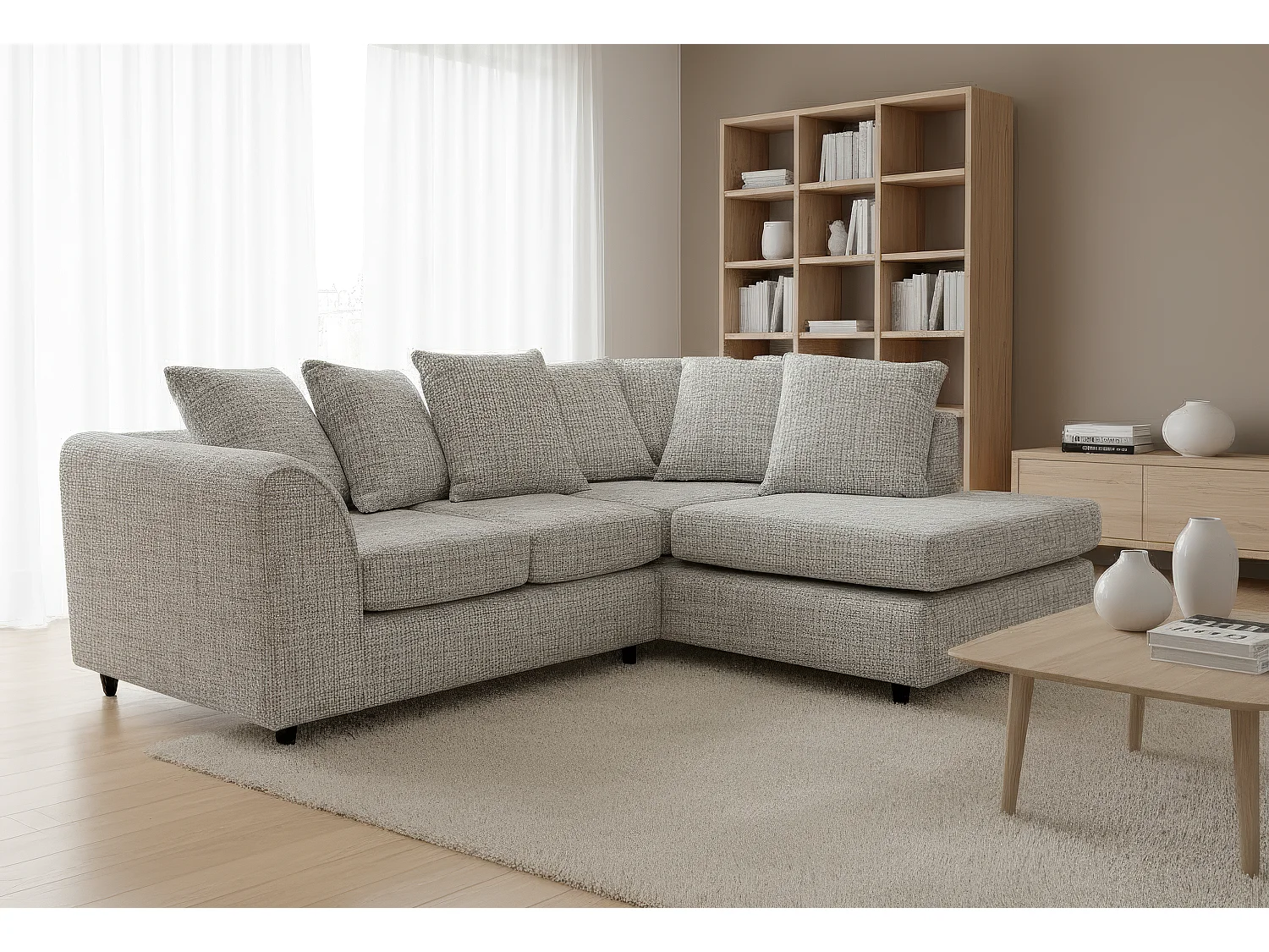 Jumbo Chenille Corner Sofa with Plush Chaise Extension Right Facing Light Grey