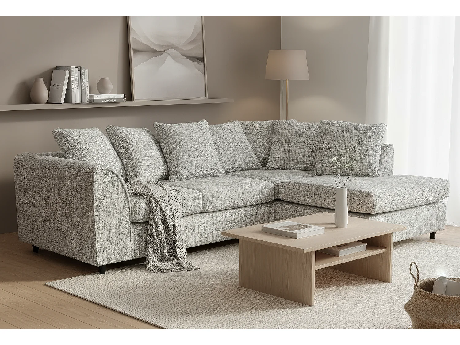 Jumbo Chenille Corner Sofa with Plush Chaise Extension Right Facing Light Grey