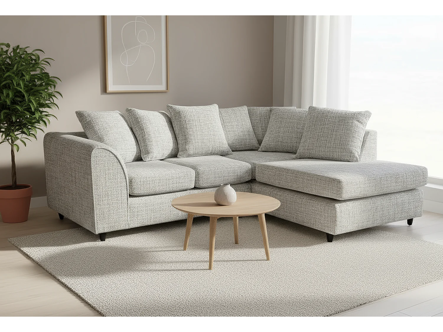 Jumbo Chenille Corner Sofa with Plush Chaise Extension Right Facing Light Grey