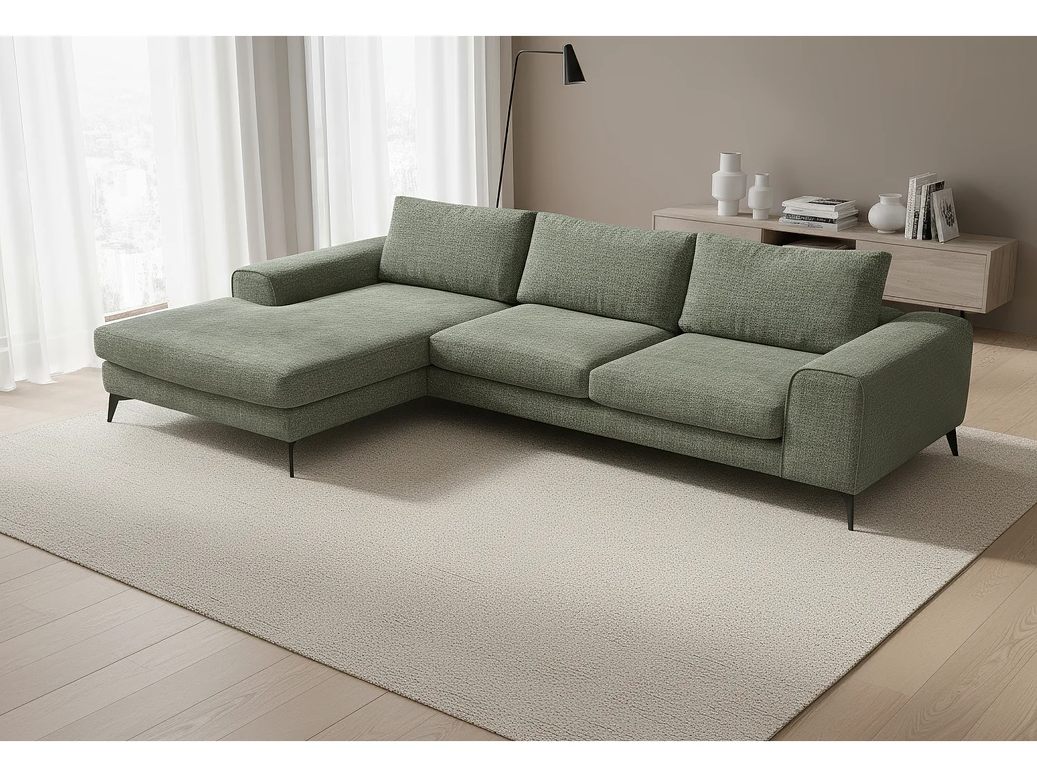 Venice Chenille Corner Sofa with Deep Seats and Extra-wide Padded Arms Left Facing Sage Green