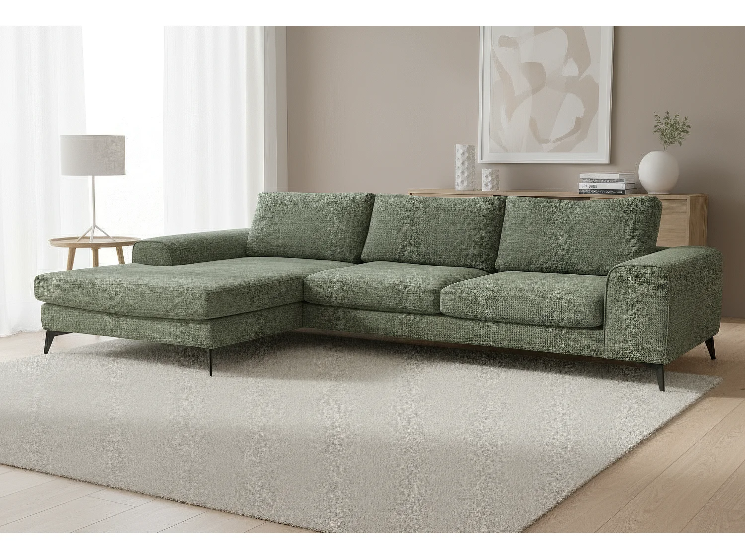 Venice Chenille Corner Sofa with Deep Seats and Extra-wide Padded Arms Left Facing Sage Green