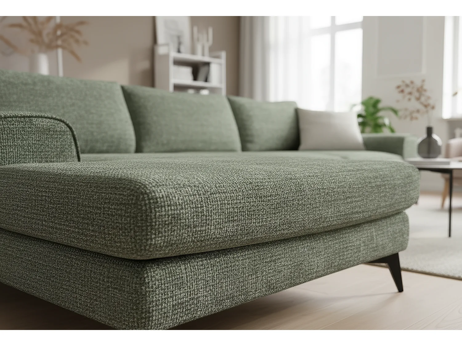 Venice Chenille Corner Sofa with Deep Seats and Extra-wide Padded Arms Left Facing Sage Green