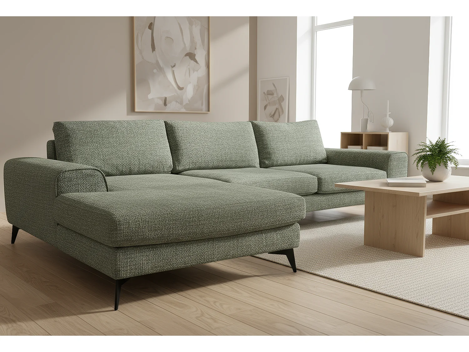 Venice Chenille Corner Sofa with Deep Seats and Extra-wide Padded Arms Left Facing Sage Green
