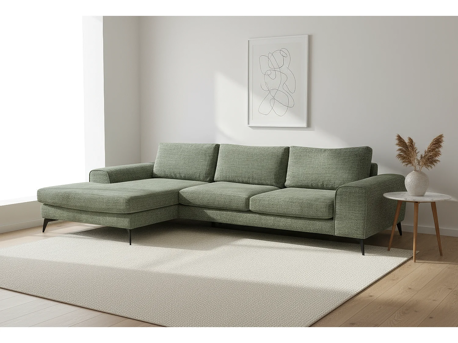 Venice Chenille Corner Sofa with Deep Seats and Extra-wide Padded Arms Left Facing Sage Green