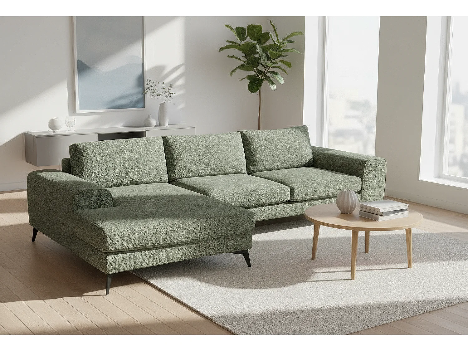 Venice Chenille Corner Sofa with Deep Seats and Extra-wide Padded Arms Left Facing Sage Green