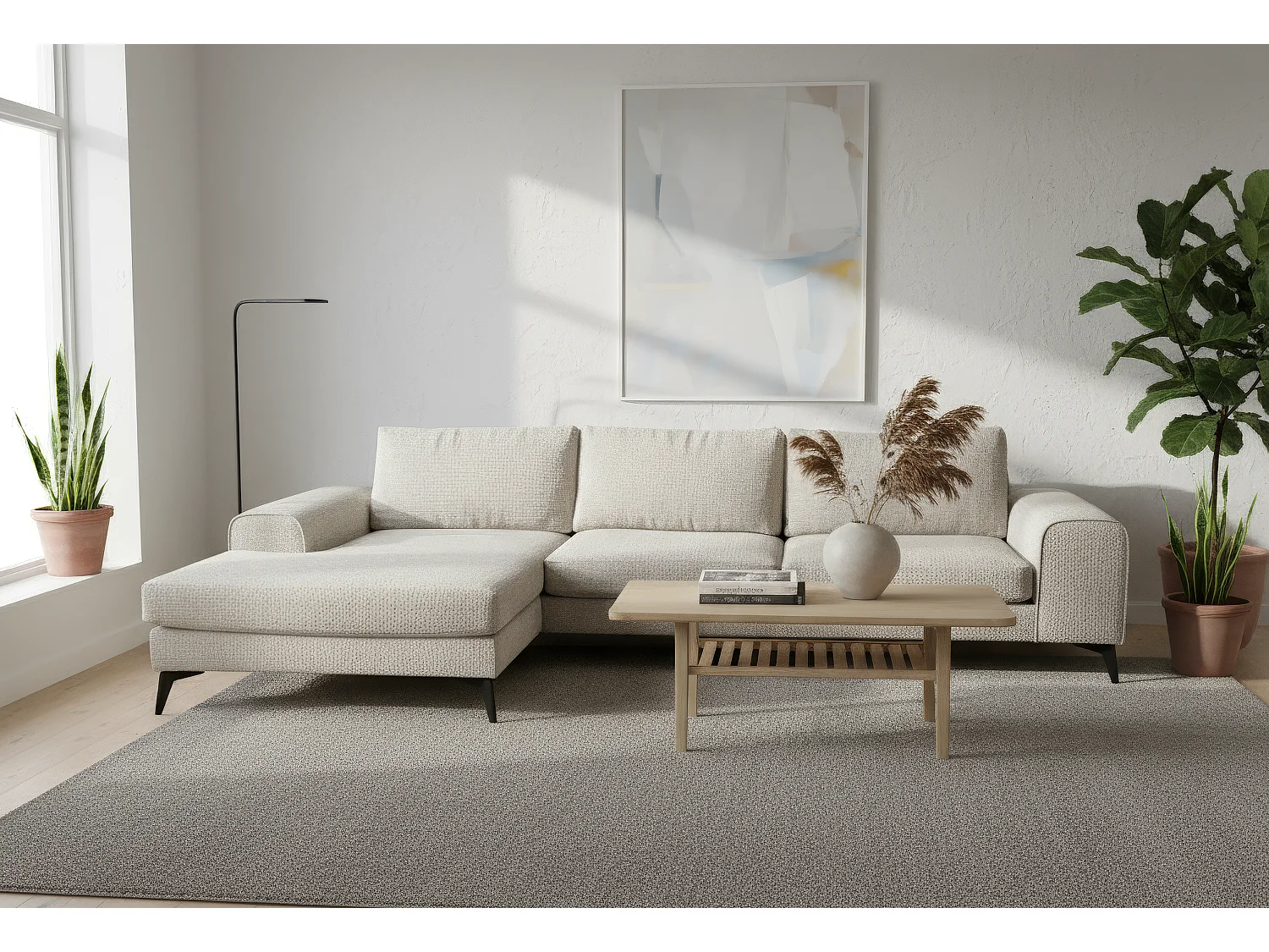 Venice Chenille Corner Sofa with Deep Seats and Extra-wide Padded Arms Left Facing White