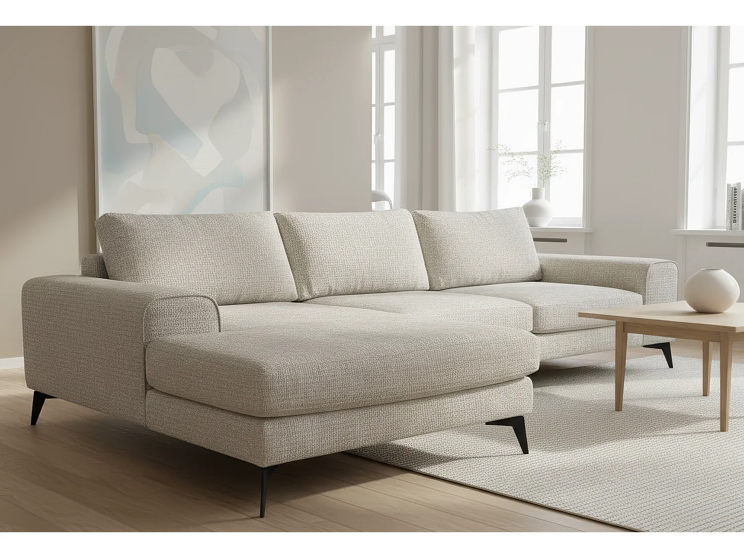 Venice Chenille Corner Sofa with Deep Seats and Extra-wide Padded Arms Left Facing White