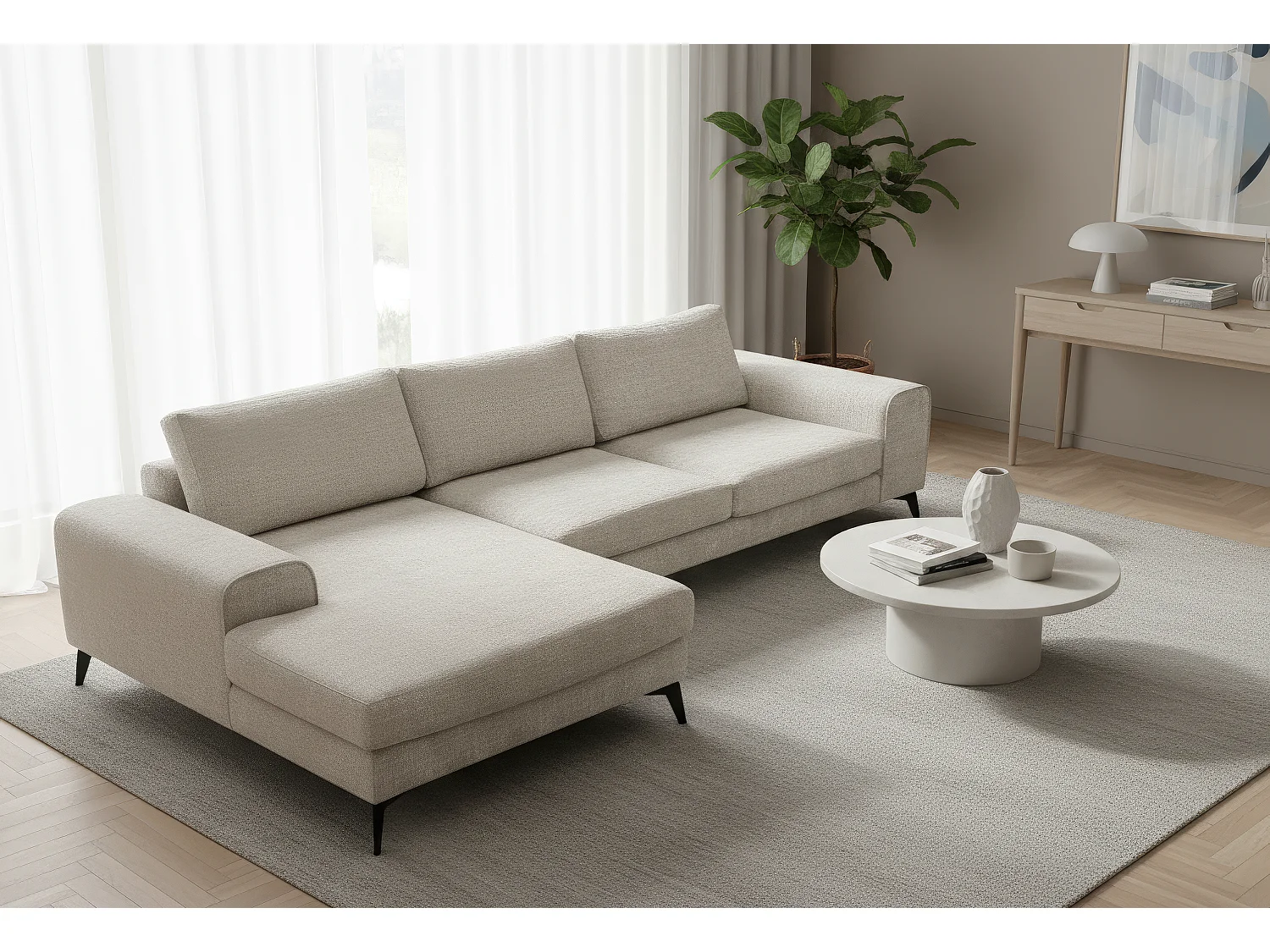 Venice Chenille Corner Sofa with Deep Seats and Extra-wide Padded Arms Left Facing White