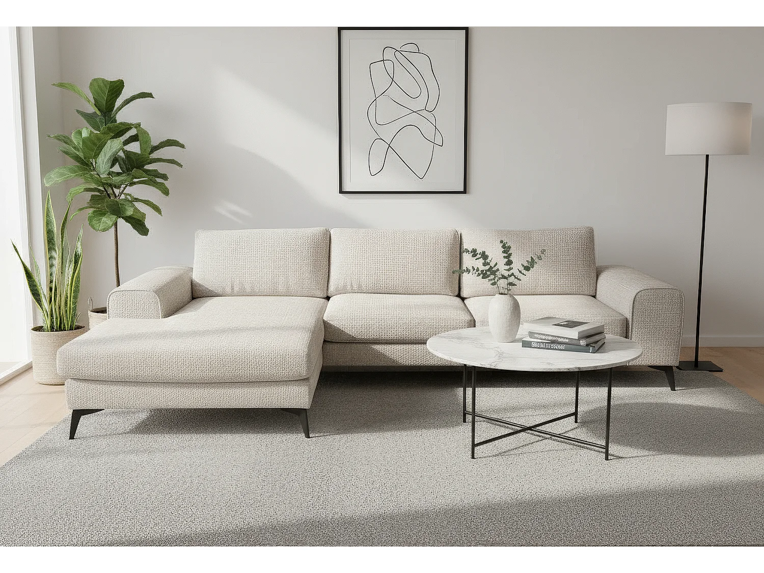 Venice Chenille Corner Sofa with Deep Seats and Extra-wide Padded Arms Left Facing Cream