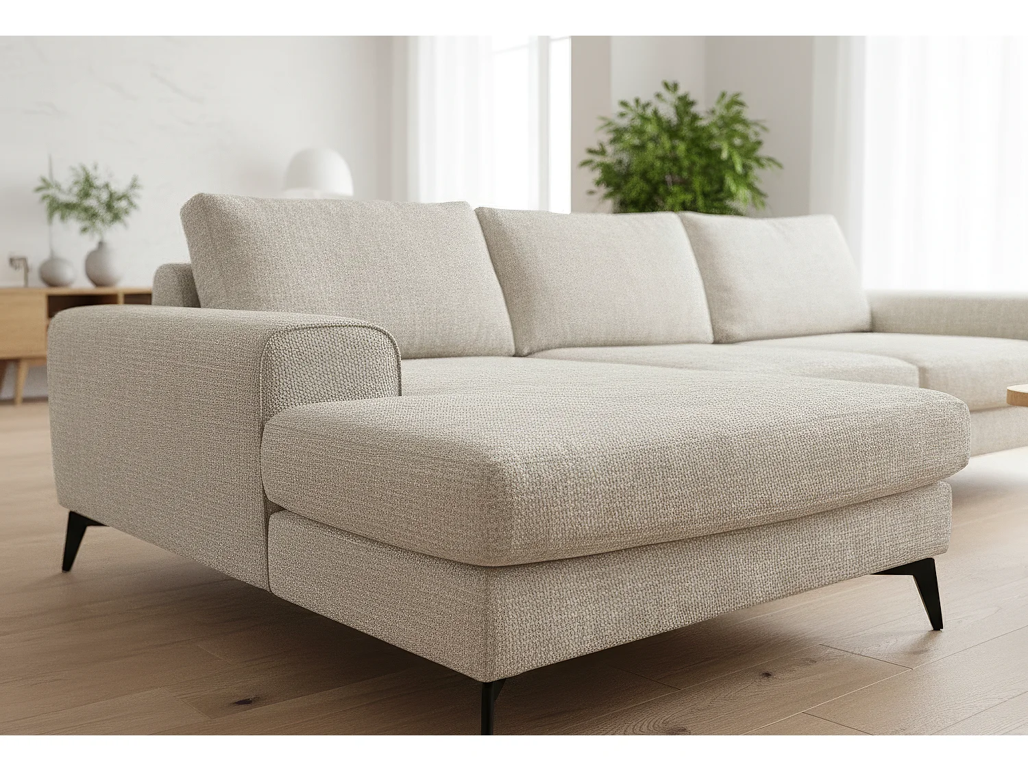 Venice Chenille Corner Sofa with Deep Seats and Extra-wide Padded Arms Left Facing Cream