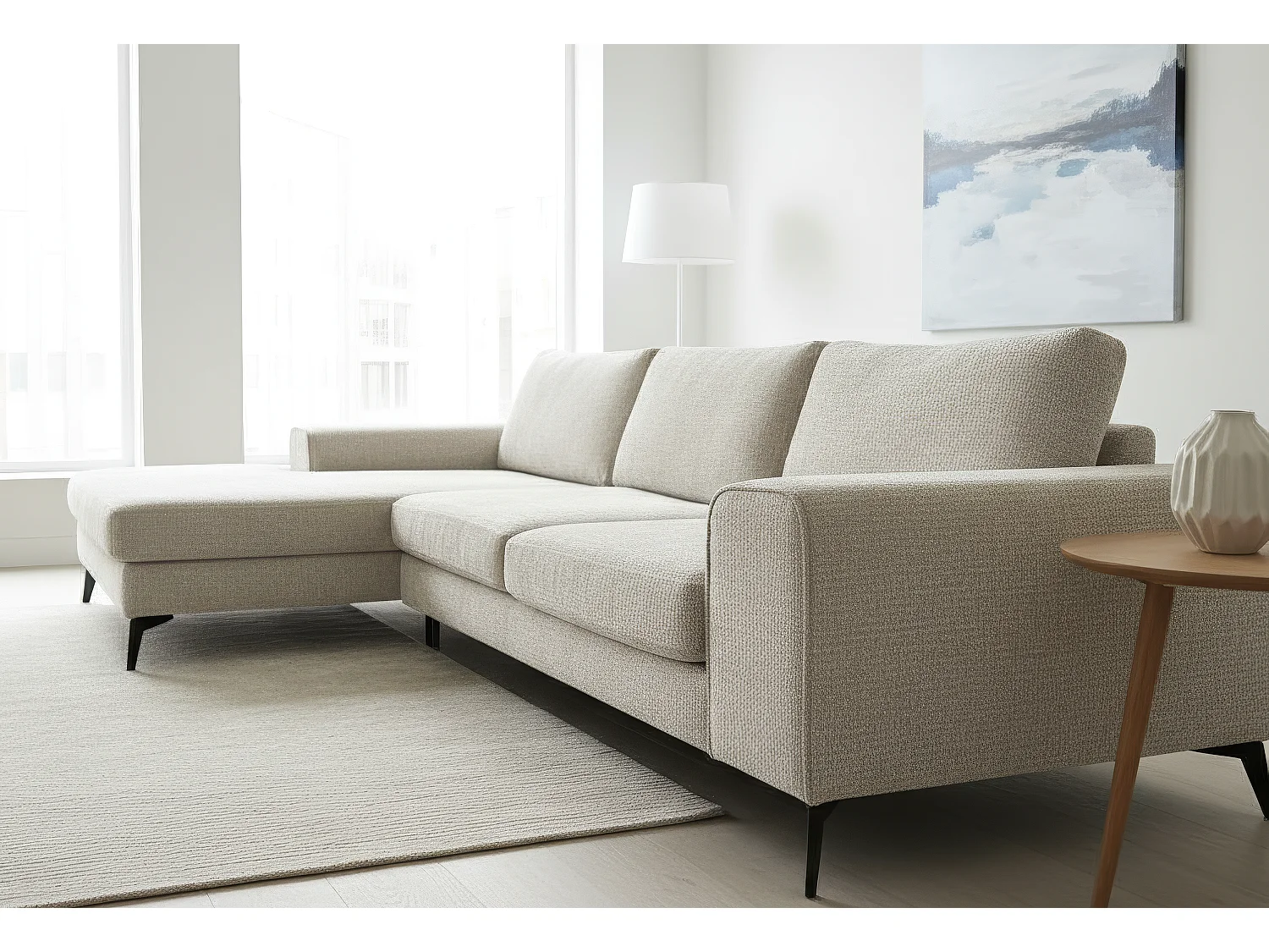 Venice Chenille Corner Sofa with Deep Seats and Extra-wide Padded Arms Left Facing Cream