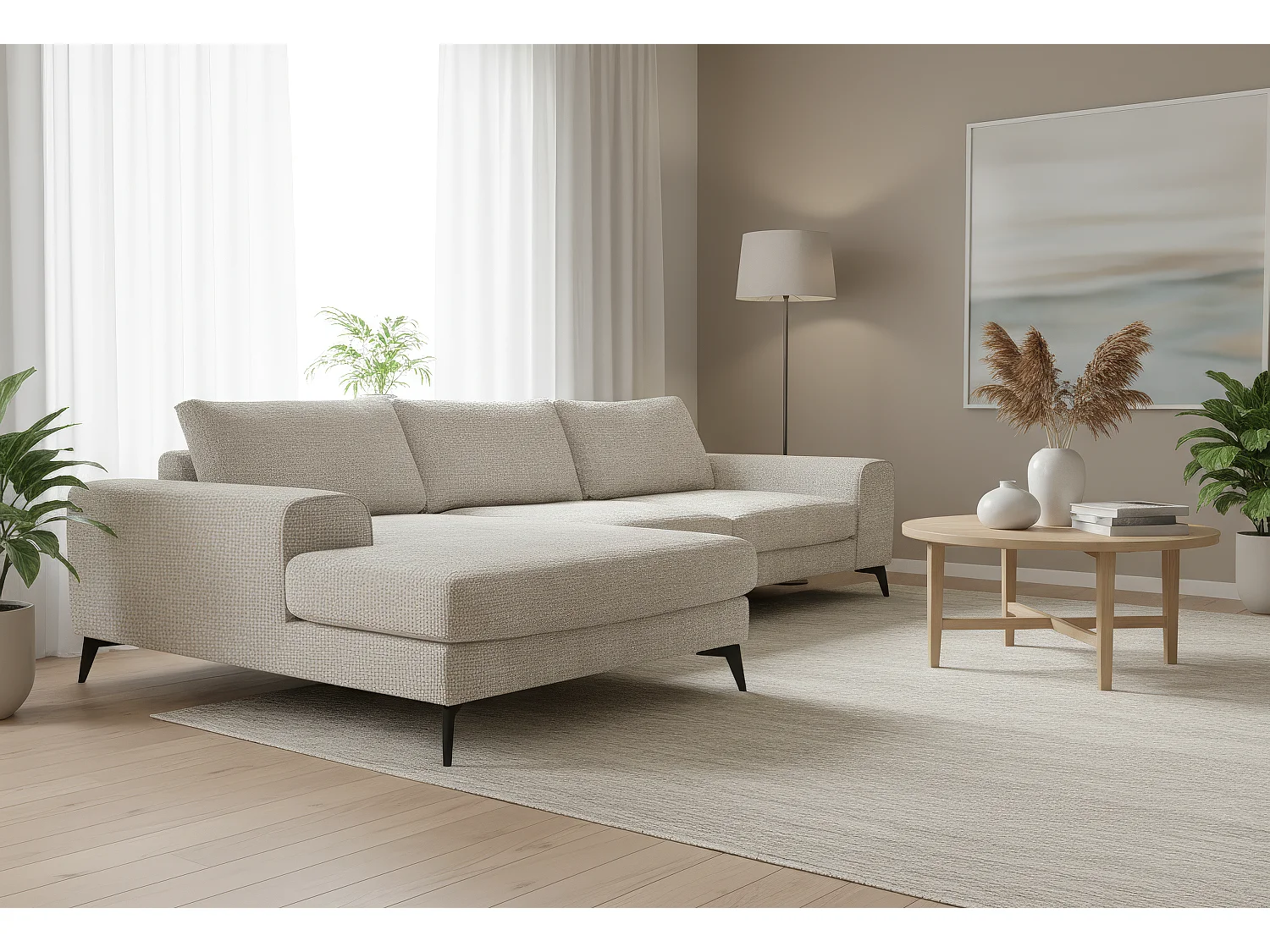 Venice Chenille Corner Sofa with Deep Seats and Extra-wide Padded Arms Left Facing Cream